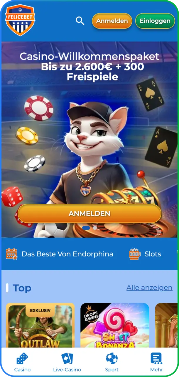 Erlebe die Übersichtlichkeit der Felicebet App auf dem Hauptbildschirm für unterwegs.