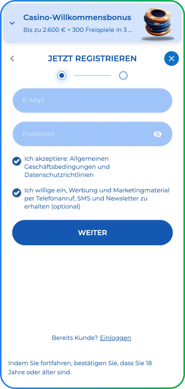 Schließe Deine Anmeldung schnell und einfach über den Registrierungsbildschirm der Felicebet App ab.