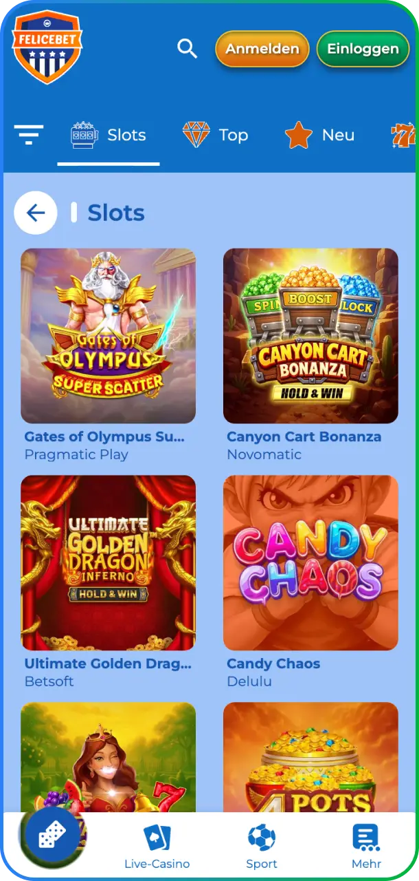 Finde Deine Lieblings-Slots übersichtlich geordnet auf dem Spielautomaten-Bildschirm der Felicebet App.