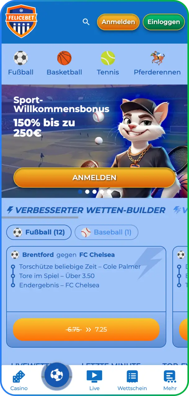 Platziere Deine Wetten mühelos über den Sport-Bildschirm in der mobilen Felicebet App.