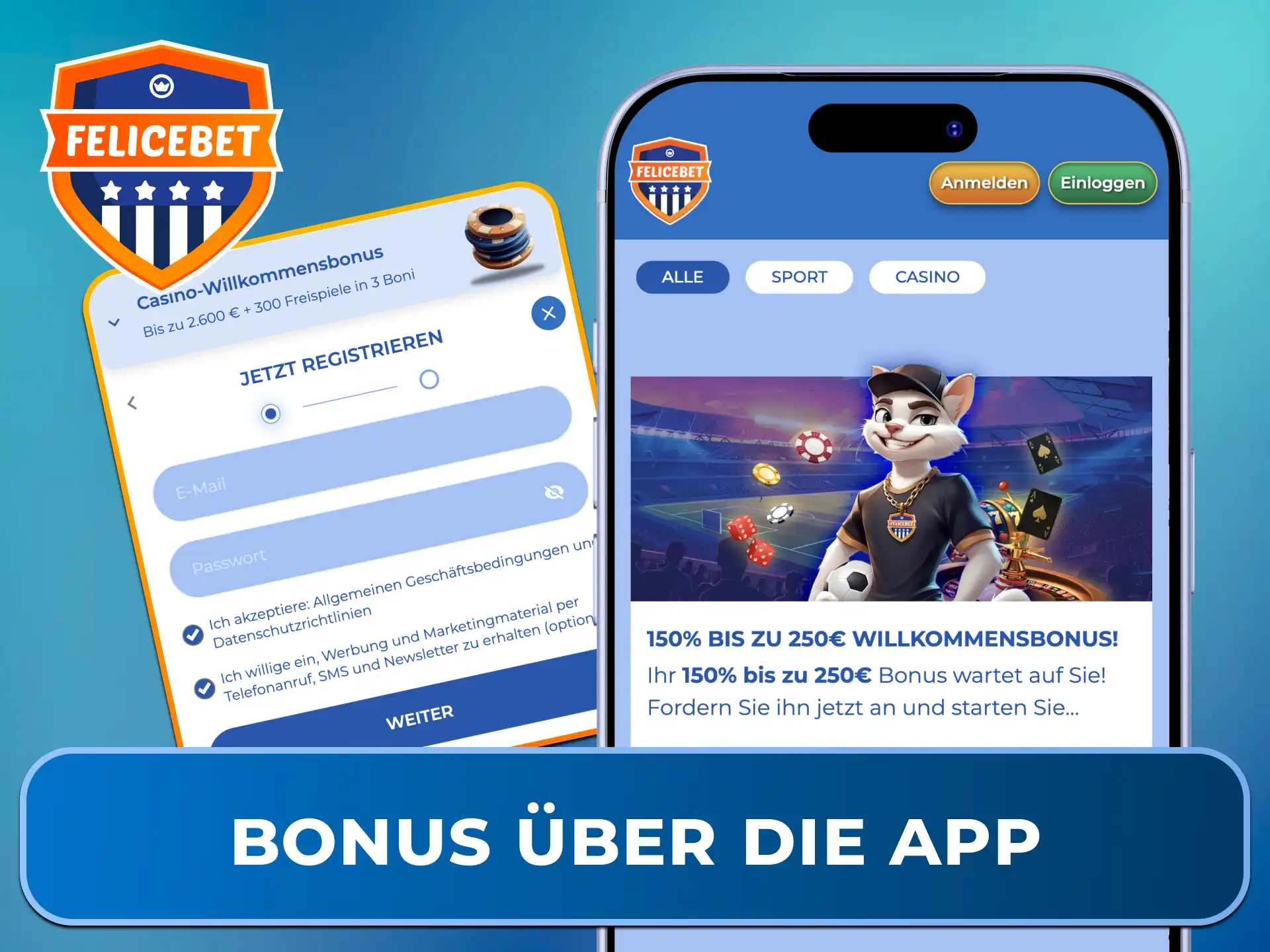 Hole Dir Deinen Casino-Bonus ganz einfach unterwegs über die mobile Felicebet App.