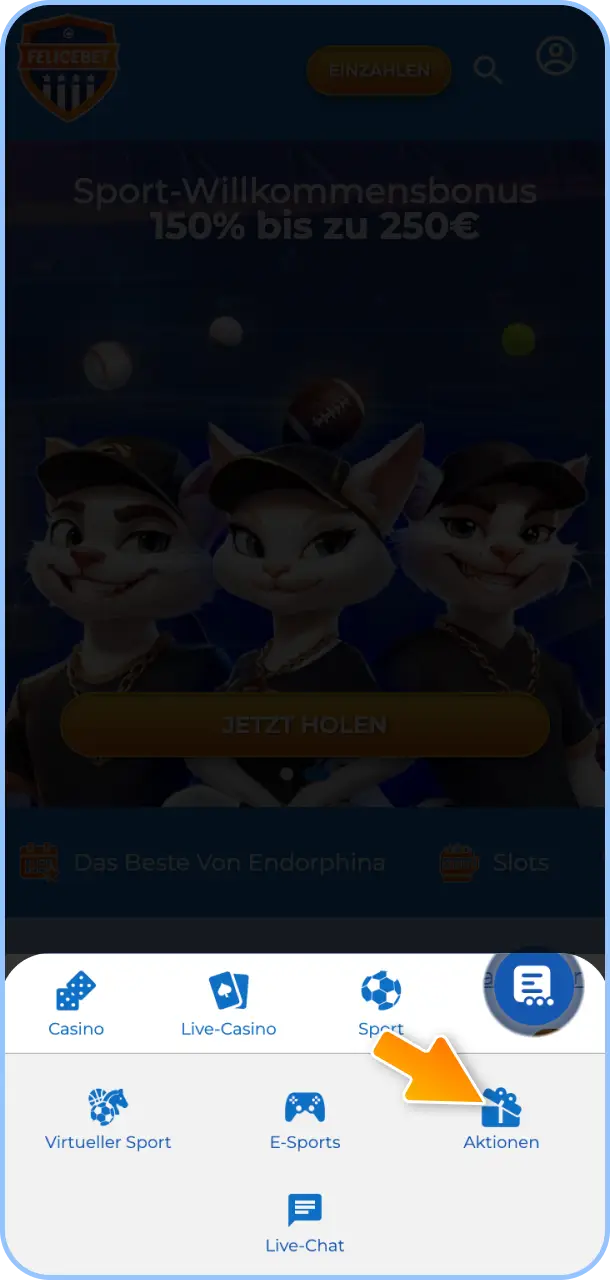 Navigation zum Bonusbereich auf der Felicebet Casino-Plattform.