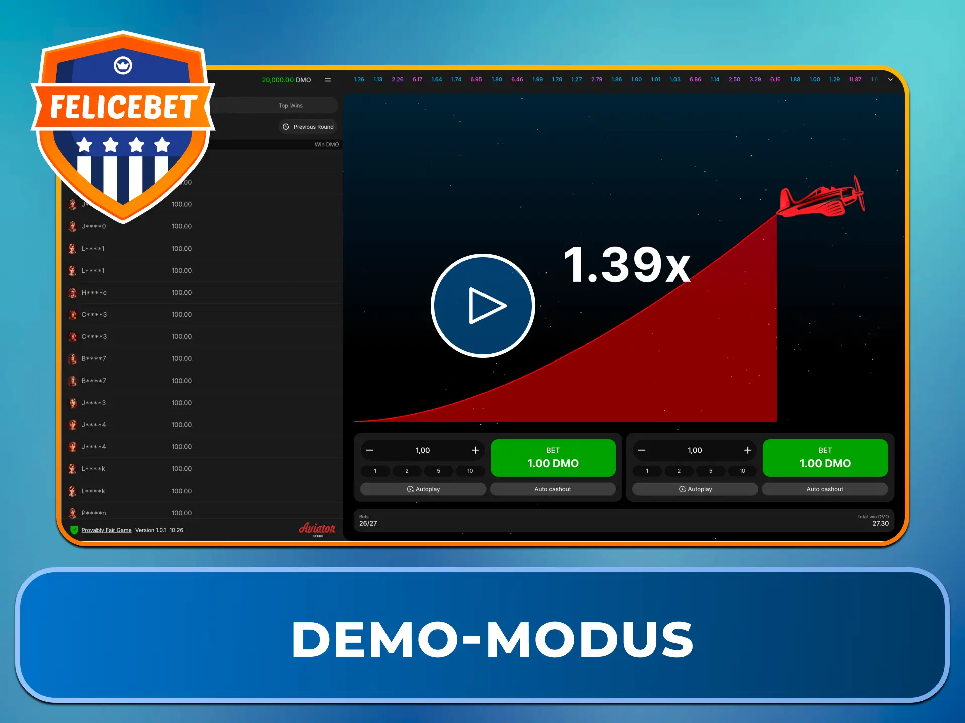 Teste alle Funktionen risikofrei im kostenlosen Demo-Modus der Felicebet Crash-Spiele.
