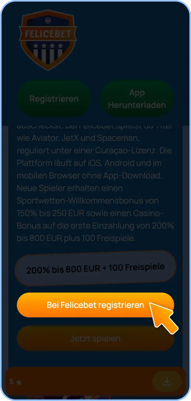 Erstelle Dein Spielerkonto und tätige eine Einzahlung für Felicebet Crash-Spiele.