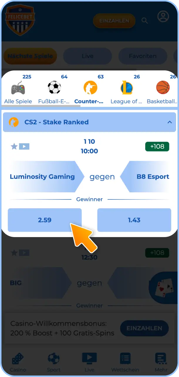 Wechsele in den Esports-Bereich und platziere Deine ersten Wett-Tipps bei Felicebet.