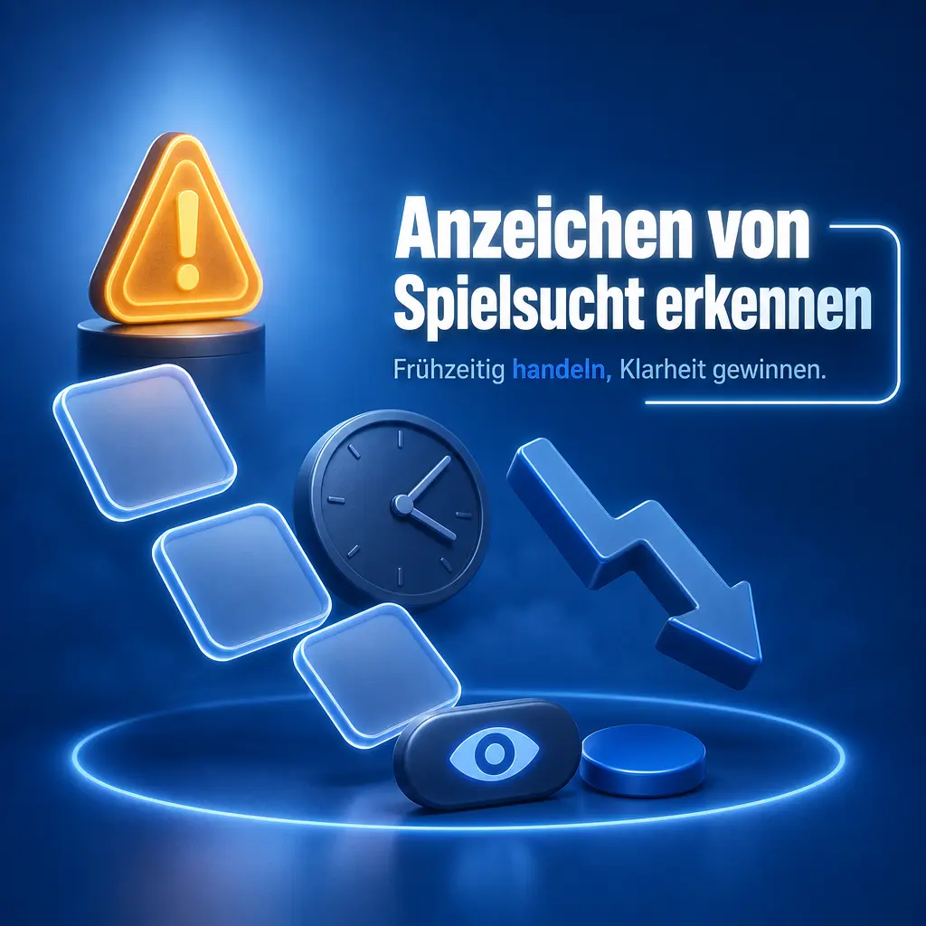 Warnzeichen für Spielsucht: unkontrolliertes Setzen, Geld leihen, Verheimlichung und Vernachlässigung von Pflichten und sozialen Kontakten.