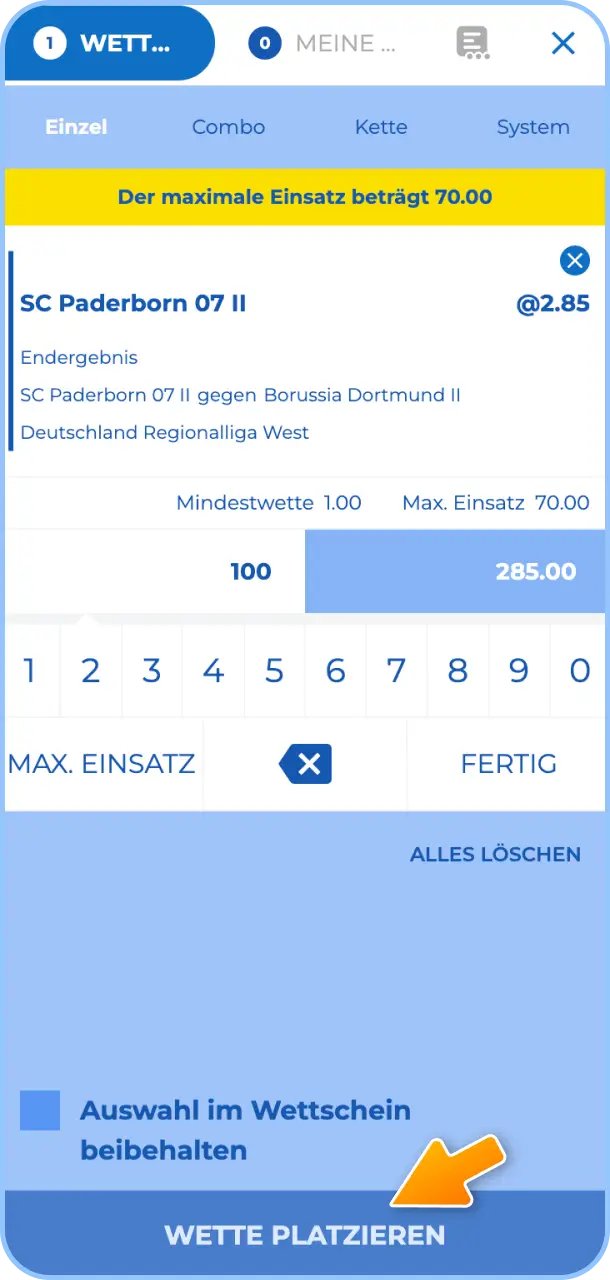 Gib Deinen Wetteinsatz ein und bestätige den Wettschein bei Felicebet.