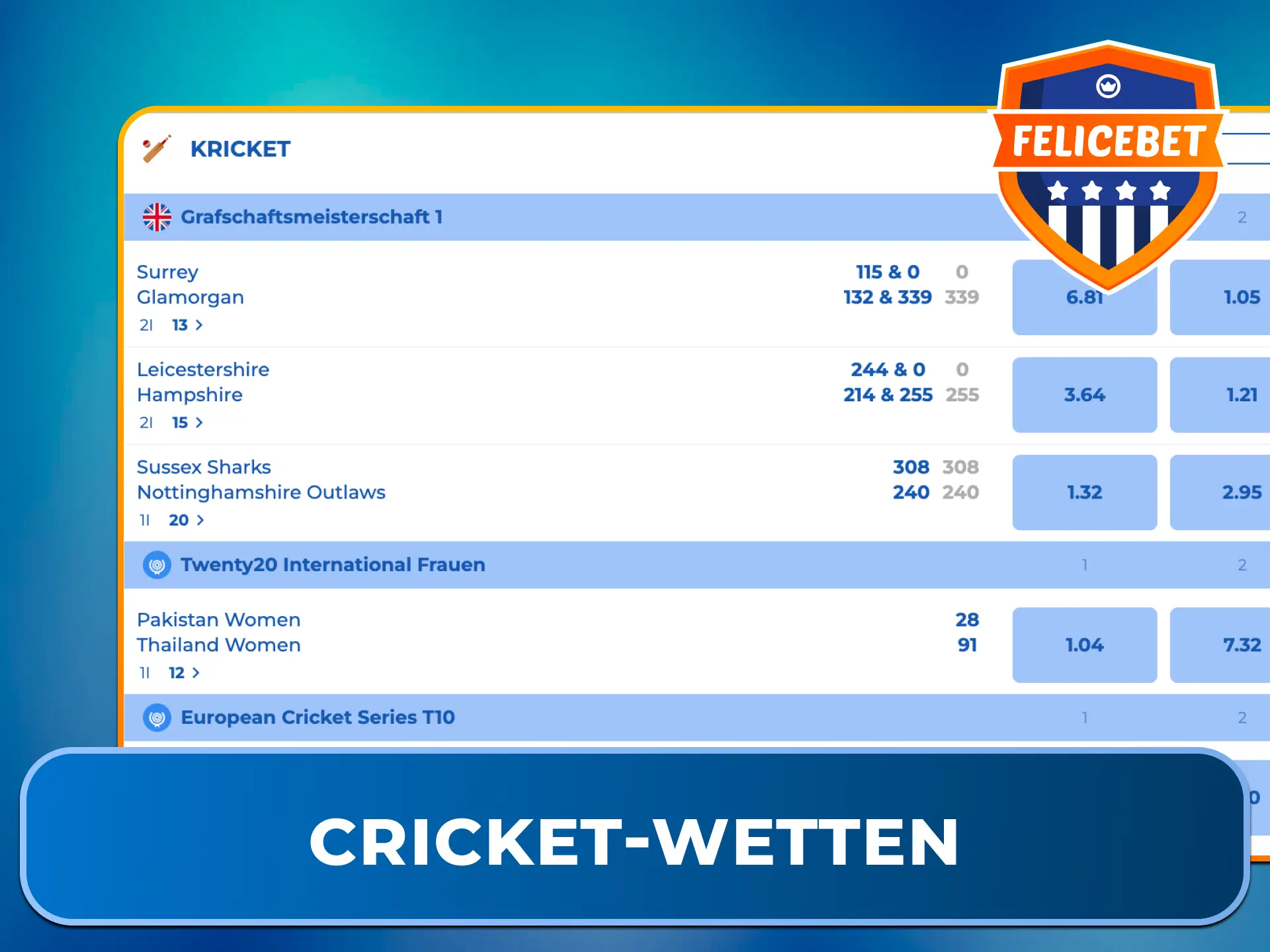 Tippe auf internationale Spiele und Märkte bei Cricket-Wetten auf Felicebet.