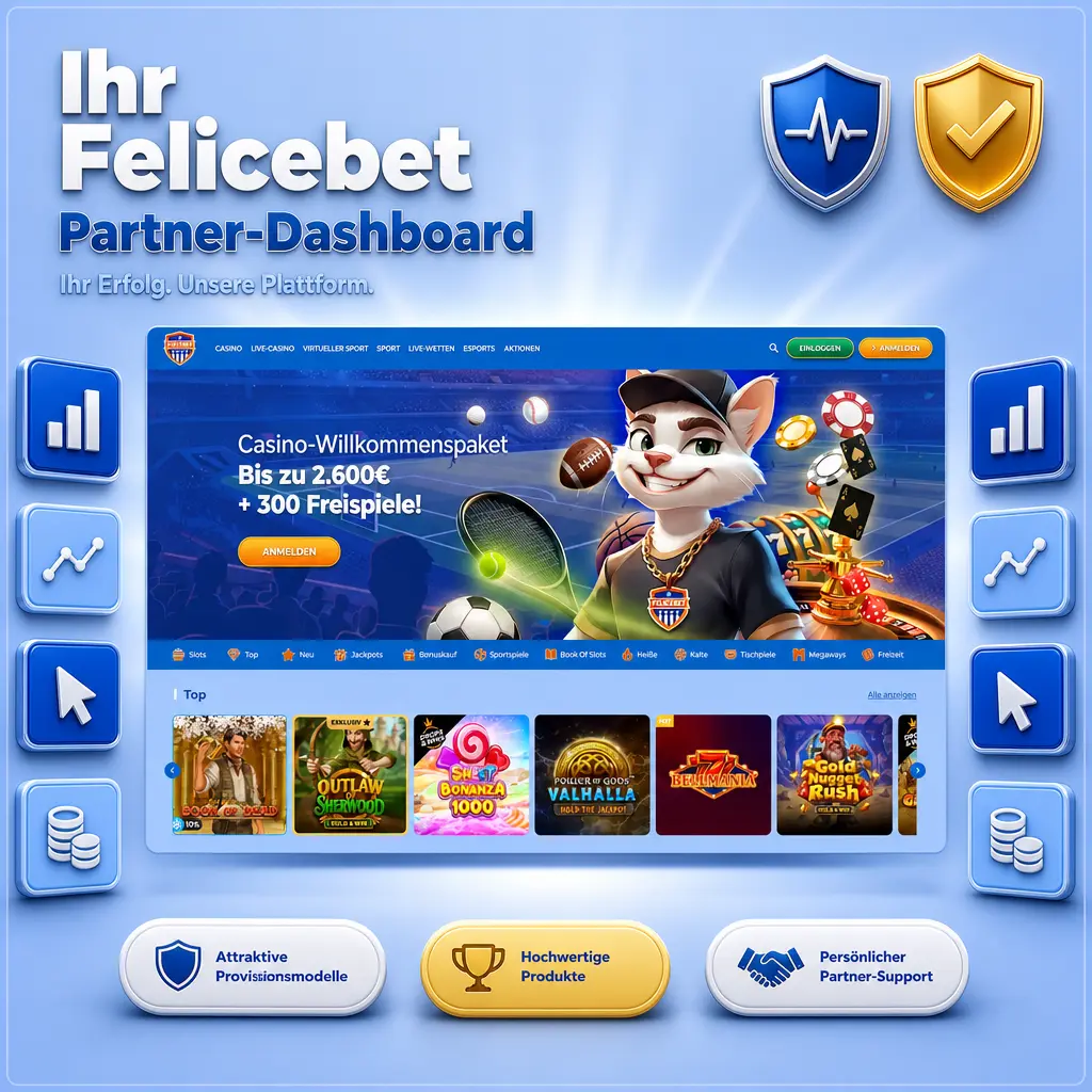 Felicebet Partner-Dashboard mit Berichten zu Klicks, Registrierungen, Einzahlungen und Provisionen sowie CSV-Export