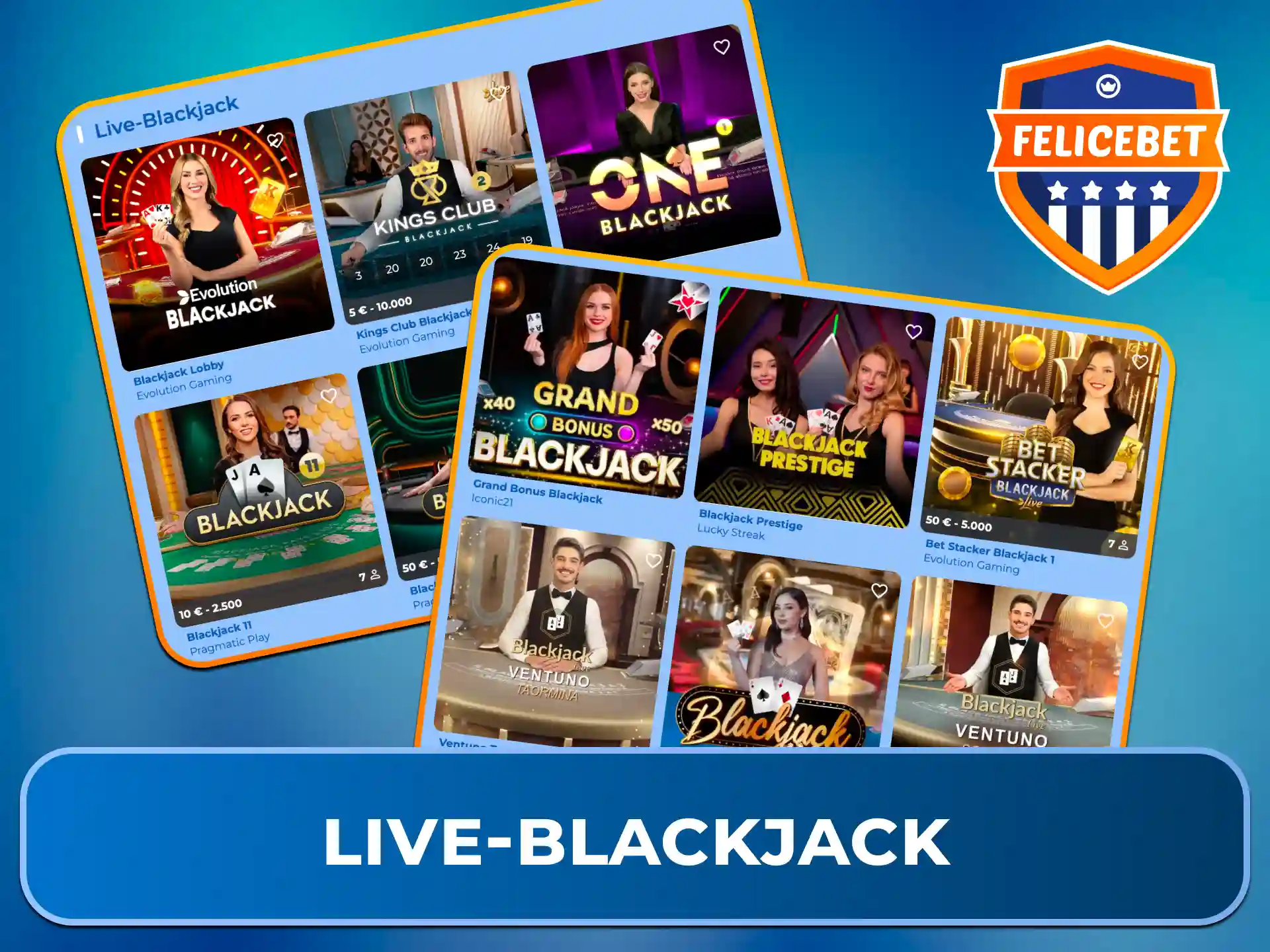 Schlage den Dealer und erreiche 21 beim exklusiven Live-Blackjack bei Felicebet.