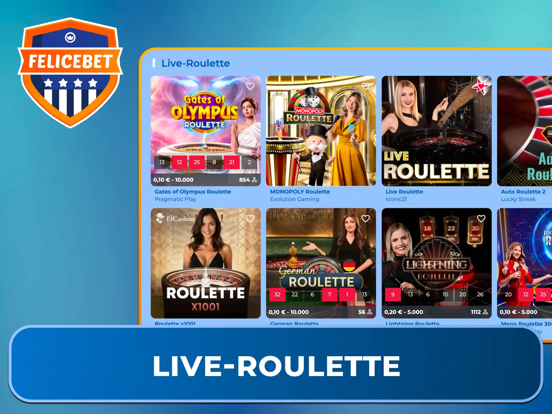 Setze auf Deine Glückszahlen beim spannenden Live-Roulette im Felicebet Casino.