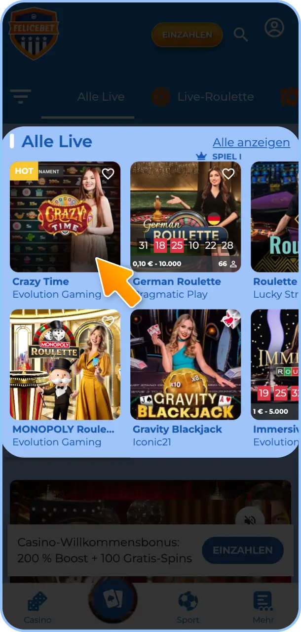 Wähle Deinen Lieblingstisch und platziere Deinen Einsatz im Felicebet Live Casino.