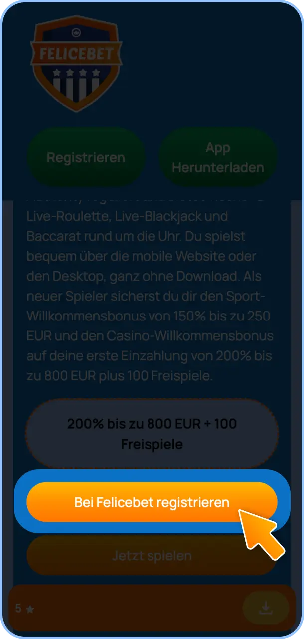 Registriere und verifiziere Dein Konto für das Felicebet Live Casino.