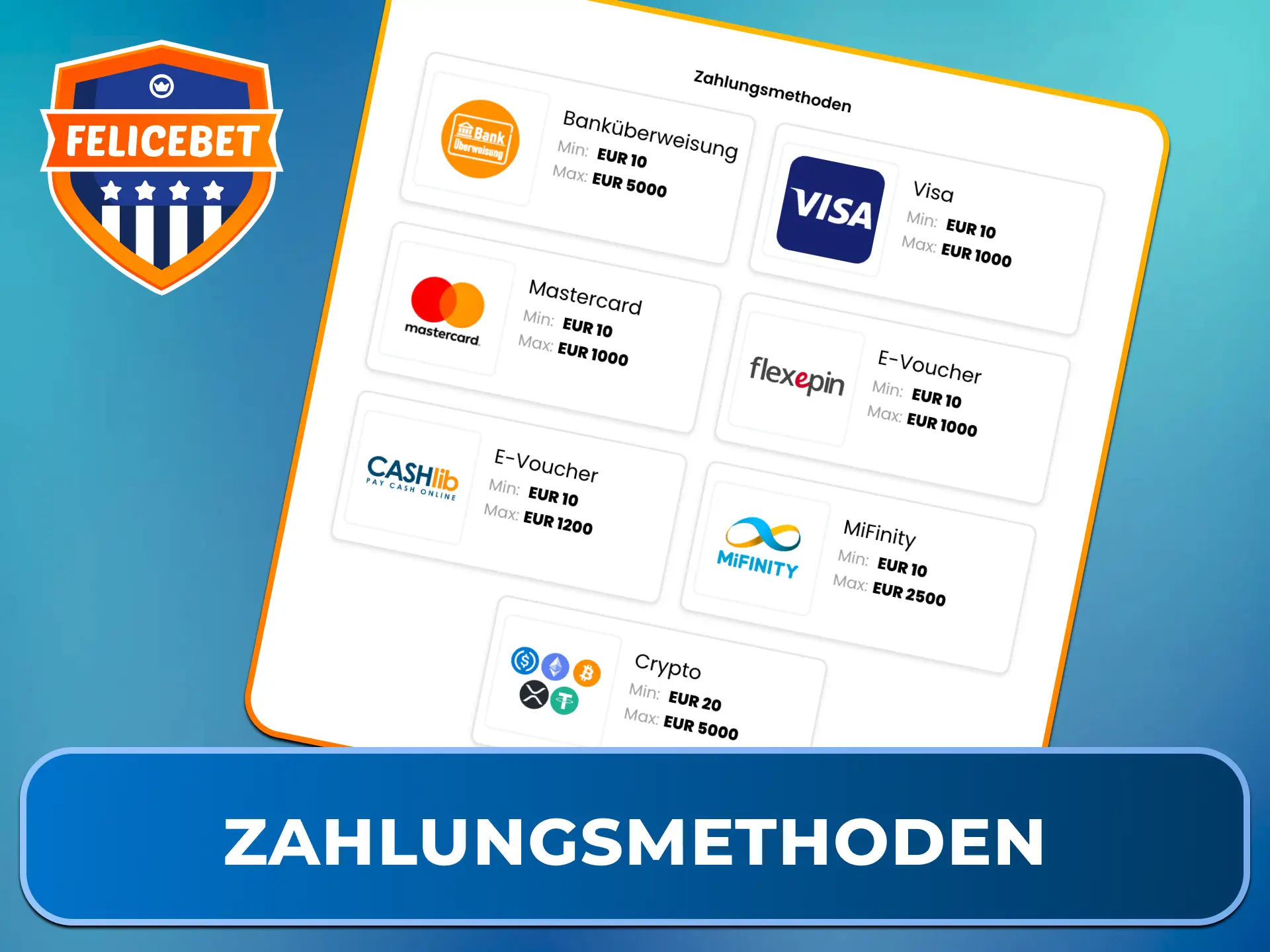 Nutze schnelle und sichere Zahlungsmethoden für Dein Spiel im Felicebet Live Casino.