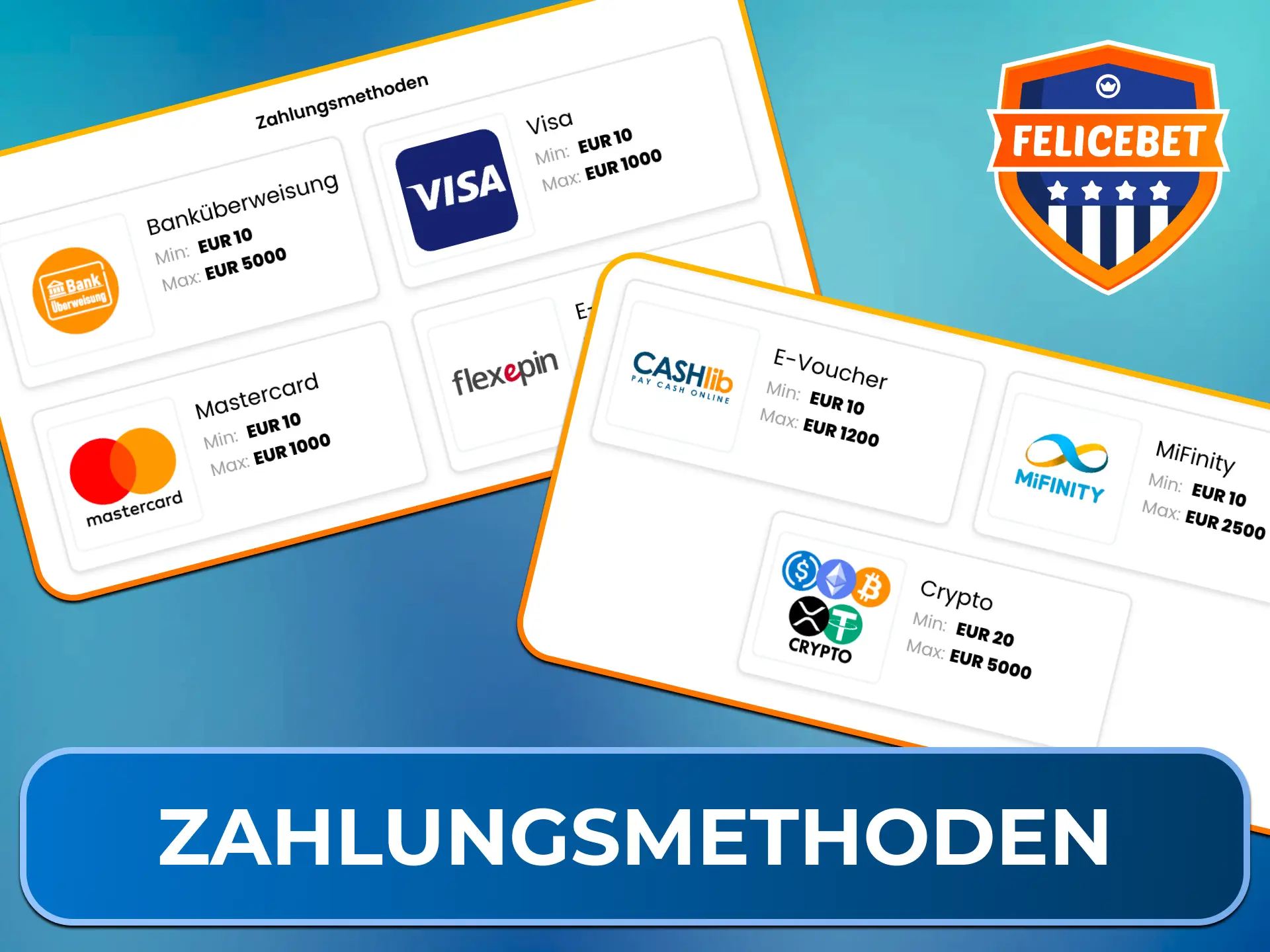 Nutze schnelle, sichere und bequeme Zahlungsmethoden für Deine Einsätze bei den Felicebet Slots.