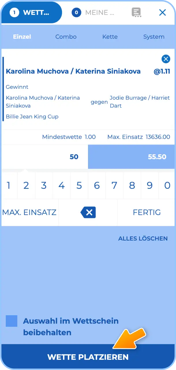 Gib Deinen Einsatz ein und bestätige den Wettschein bei Felicebet.
