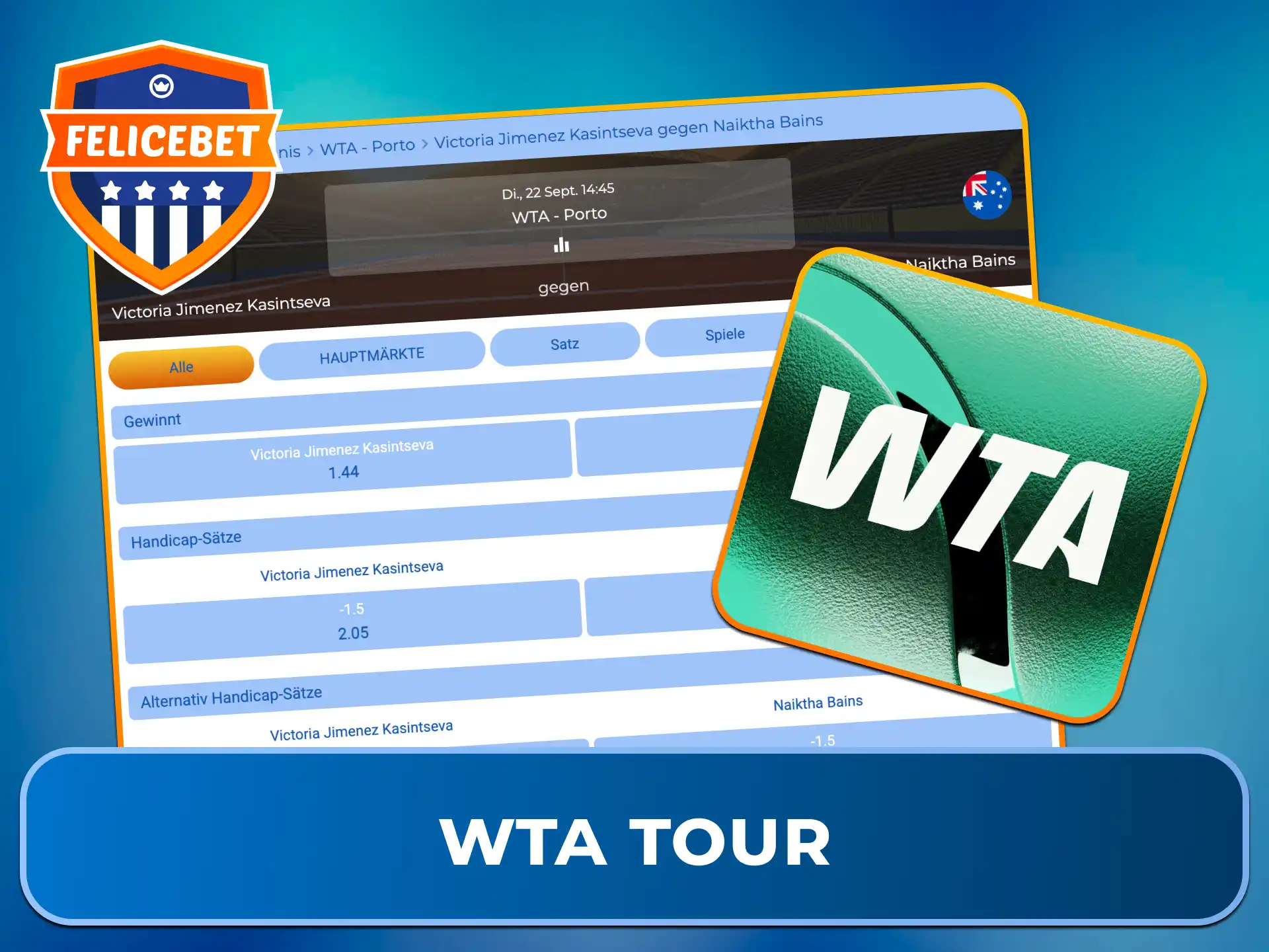 Tippe auf die spannendsten Duelle der Damen-Elite auf der WTA Tour bei Felicebet.