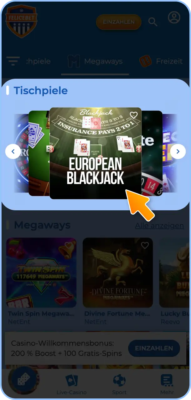 Wähle Dein bevorzugtes Tischspiel aus und platziere Deine Einsätze bei Felicebet.