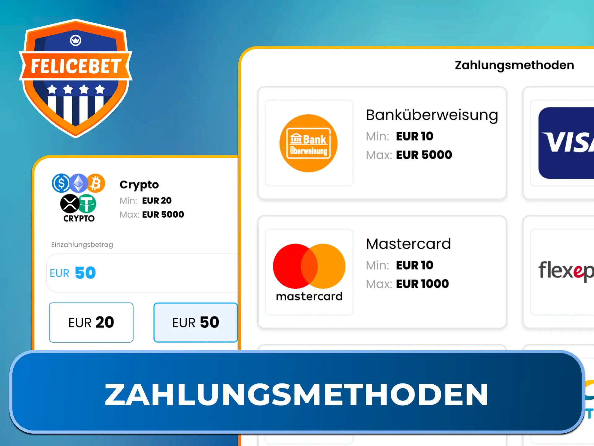 Nutze Kreditkarten, beliebte E-Wallets oder Kryptowährungen als sichere Zahlungsmethoden für Tischspiele bei Felicebet.