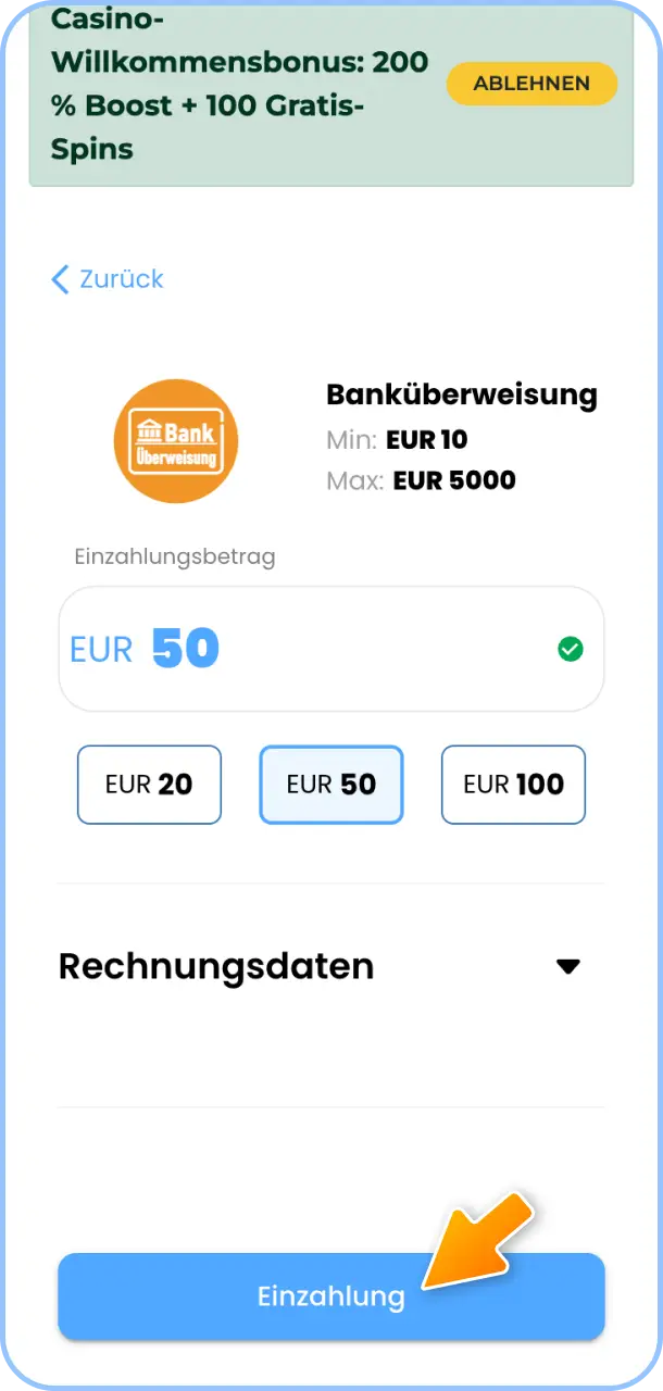 Gib den gewünschten Einzahlungsbetrag ein und bestätige die Transaktion.