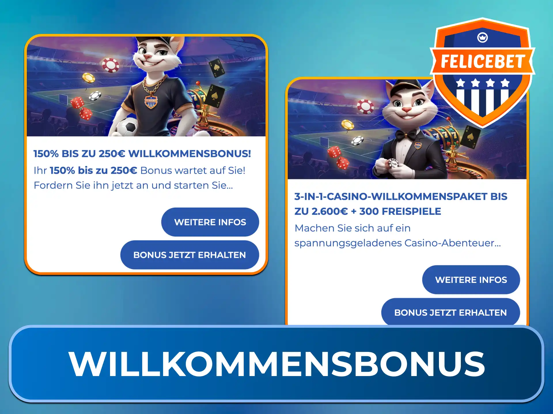 Aktiviere nach Deiner ersten Einzahlung den Sport-Willkommensbonus von 150 % bis 250 EUR oder den Casino-Willkommensbonus von 200 % bis 800 EUR für Dein Wettausgangsguthaben.